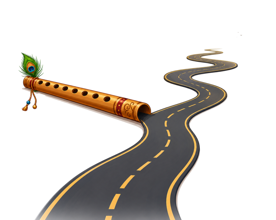 Krishna's flute opening into a winding road, symbolizing a guided path forward